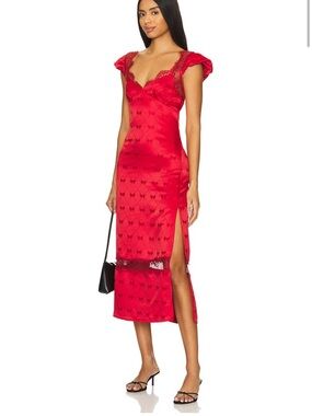 Free People Red Lace-Trim Midi Dress with Side Slit L NWT